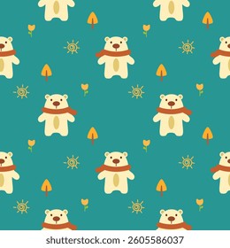 Bear cartoon so cute. On tree sun flower background. Pattern seamless vector illustration. 