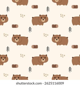 O desenho do urso é tão fofo. Plano de fundo do log da árvore. Ilustração de vetor uniforme de padrão. 