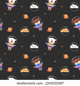 Bear cartoon so cute in space.on cloud star black background.pattern seamless vector illustration.
