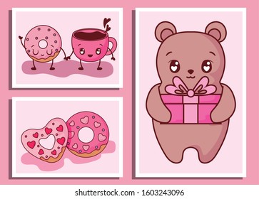 Bear cartoon donuts and coffe cup design of happy valentines day love passion romantic wedding decoration and marriage theme Vector illustration