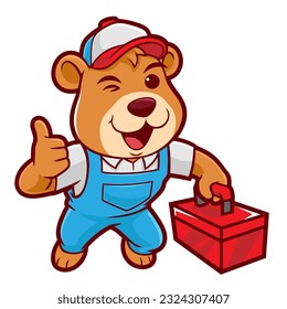 Bear Cartoon Handyman Holding Toolbox Character
