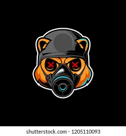 bear cartoon head with gas mask and soldier helmet vector