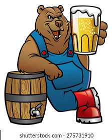 bear cartoon lean on the barrel and presenting the beer