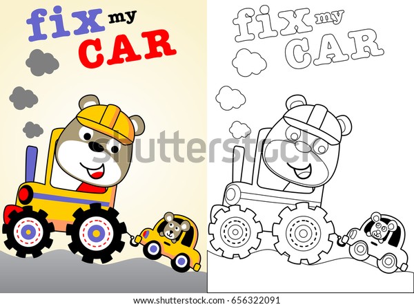 Bear cartoon with little mouse on\
vehicle, fix my car, vector cartoon, coloring book or\
page