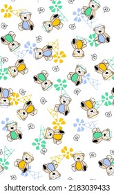 Bear cartoon pattern with smooth contour, vector illustration, windmill image as background, suitable for fabric printing design.