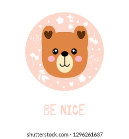 Bear cartoon  vector print, floral elements