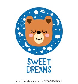 Bear cartoon  vector print, floral elements