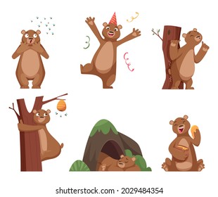 Bear cartoon. Wild funny animal in action poses brown comic bear with honey exact vector characters set