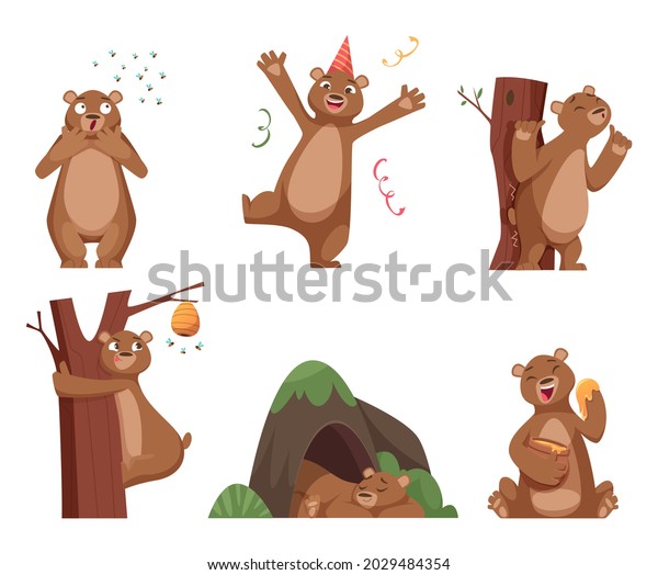 Bear cartoon. Wild\
funny animal in action poses brown comic bear with honey exact\
vector characters set