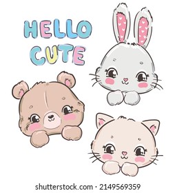 Bear and Cat and bunny Childrens Cute Print Vector Illustration Inscription Hello cute
