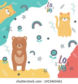 Bear and cat cartoon design vector illustration