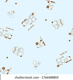 Bear and cat cartoon image patterns, vector illustrations, stars, curved lines, flowers, letters a b c and others as background