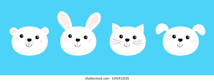 Bear, cat, dog, rabbit. Animal head face round icon set line. White color. Cute cartoon kawaii funny baby character. Flat design. Isolated. Blue background. Vector illustration