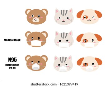 Bear, Cat and Dog wearing Medical Mask and N95 for Protection from Flu and Fine Dust Pollution. Cute Cartoon Flat Vector Illustration. Environment and Health for Pet (Animals) Concept.