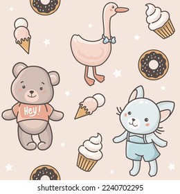 Bear, cat and goose toys. Seamless pattern with vector Hand drawn illustrations wit baby nursery theme
