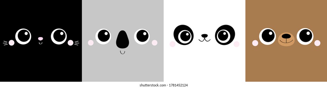 Oso gato Koala Panda cuadrado cara cara cara icono conjunto línea. Caricatura divertida. Retrato animal lindo kawaii. Los niños imprimen póster, ropa de camiseta. Estilo escandinavo. Diseño plano. Vector de fondo del bebé