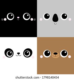 Bear Cat Koala Panda square face head icon set. Cartoon funny character. Cute kawaii animal portrait. Kids print for poster, t-shirt cloth. Love Scandinavian style. Flat design. Baby background Vector
