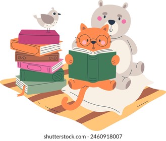 Bear And Cat Reading Books Vector Illustration