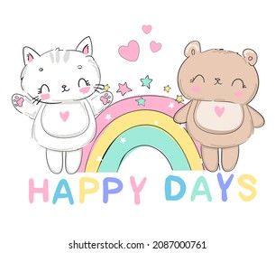 Bear and Cat Sit with Rainbow Childrens Cute Print Vector Illustration Inscription Happy Day