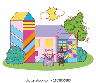 bear and cat wearing funny costume in the house