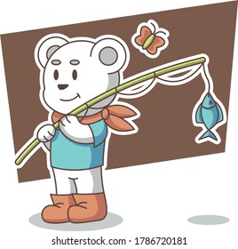 bear catch fish cartoon character illustration