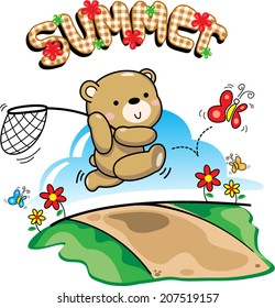 bear catching butterfly vector.