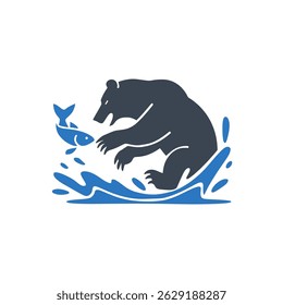 Bear Catching Fish Icon Isolated On White Background