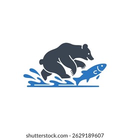 Bear Catching Fish Icon Isolated On White Background