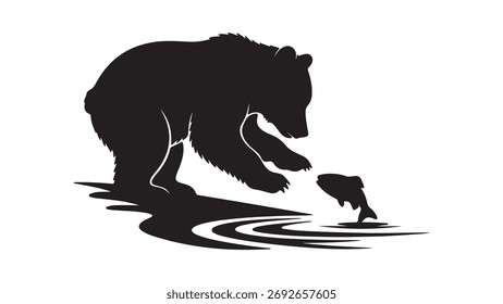 Bear catching fish with transparent background
