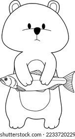 Bear catching salmon fish ,cartoon,vector illustration isolated on white background.coloring book page