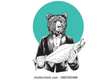 bear catching salmon illustration for t-shirt and poster