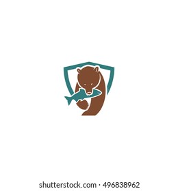Bear with caught fish sign - vector illustration