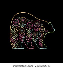 Bear character with abstract Floral Ornament isolated on black