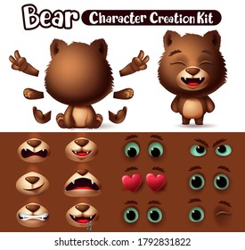 Bear character animals vector set. Bears animal characters editable create eyes, mouth and hand kit with different expression and movement for cartoon accessories collection. Vector illustration 