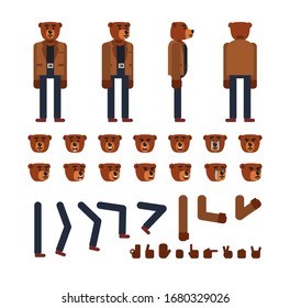 Bear character in brown jacket and dark pants creation set. Create your own pose, action, animation. Flat design vector illustration