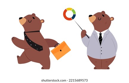 Bear character business activities set. Brown wild animal businessman walking to work and doing presentation cartoon vector illustration