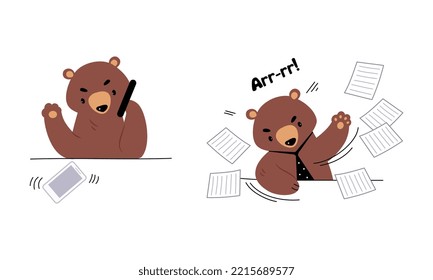 Juego de actividades de negocios con carácter de oso. Empresario de animales salvajes marrón trabajando con papeles y hablando en ilustración vectorial de dibujos animados por teléfono