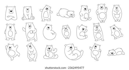 Bear character cartoon. Coloring Page. Funny teddy in different pose and activities. Vector drawing. Collection of design elements.