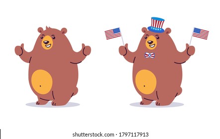 Bear character cartoon with thumbs up. Happy smiling brown bear mascot standing. Vector cartoon illustration in flat style