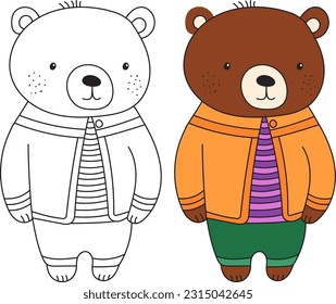 bear character childrens coloring book, isolated vector