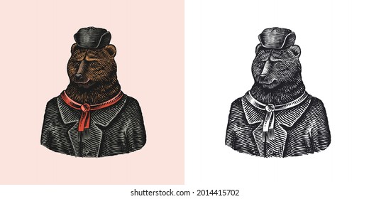 Bear character in fur coat. Fashionable animal in Russian hat. Hand drawn Engraved old monochrome sketch. Vector illustration for t-shirt, tattoo or badge or print.