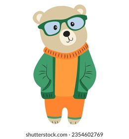 bear character with glasses in doodle style on white background vector