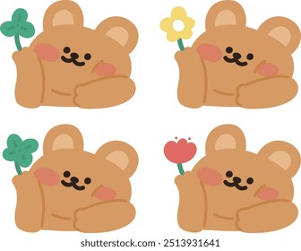 personagem urso feliz com flor e trevo