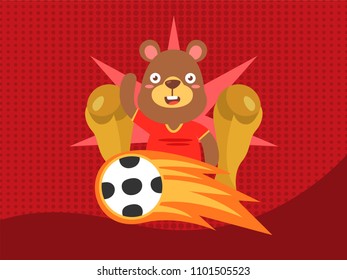 A bear character joyfully kicking a flaming soccer ball, set against a vibrant red backdrop with energetic graphics. Perfect for sports or fun-themed designs and illustrations.