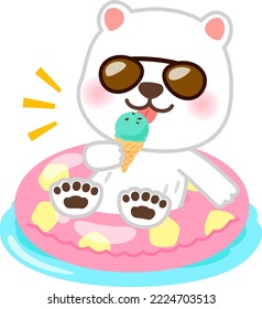 Bärencharakter, der auf einem Schwimmer sitzt und Eis isst