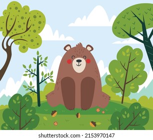 Carácter de oso sentado en el prado en composición de madera forestal. Ilustración de diseño gráfico de dibujos animados planos vectoriales