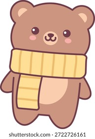 Bear character standing upright with a long knitted scarf and rounded shapes, outlined with bold lines. Warmth, coziness, winter comfort, and friendly mascot vibe. Cartoon vector illustration.
