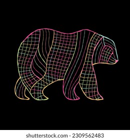 Bear character with stripe and plaid abstract ornament isolated on black