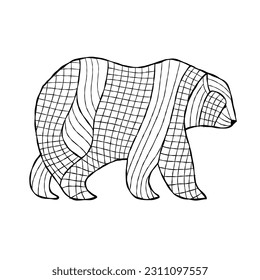 Bear character with stripe and plaid abstract ornament isolated on white