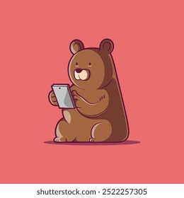 A Bear character using a smartphone vector illustration. Tech, mascot design concept.